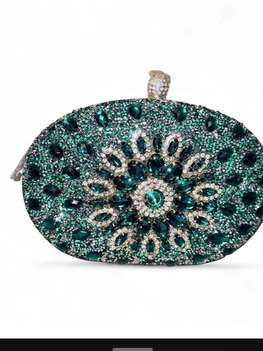 Embellished Oval Clutch in Green & Silver Like New